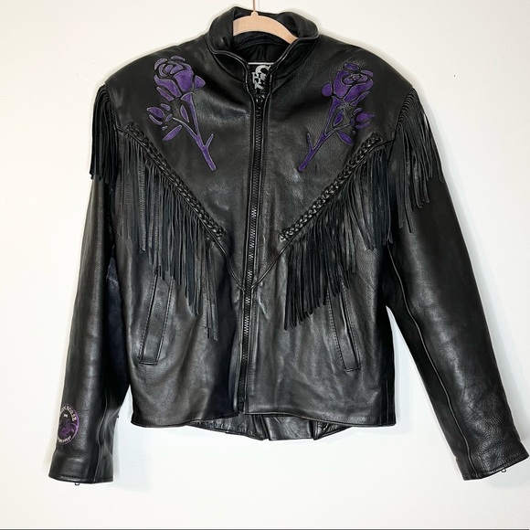 SHAF Leather Collections Black Fringe Purple Roses Jacket Iron Horse 96 Size XXL - Picture 1 of 16